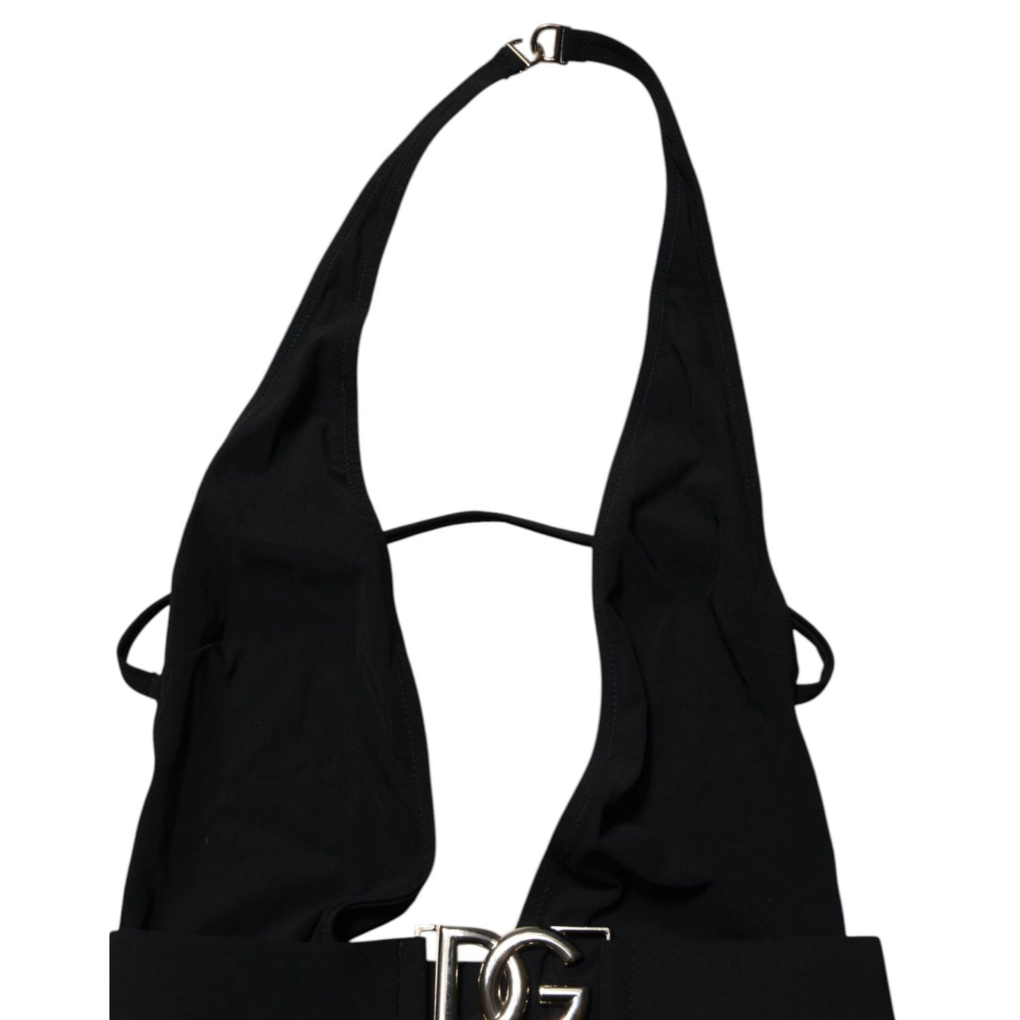 Dolce & Gabbana Black Nylon Deep V-Neck One Piece Swimwear with logo detail, elegant and sophisticated Italian design.