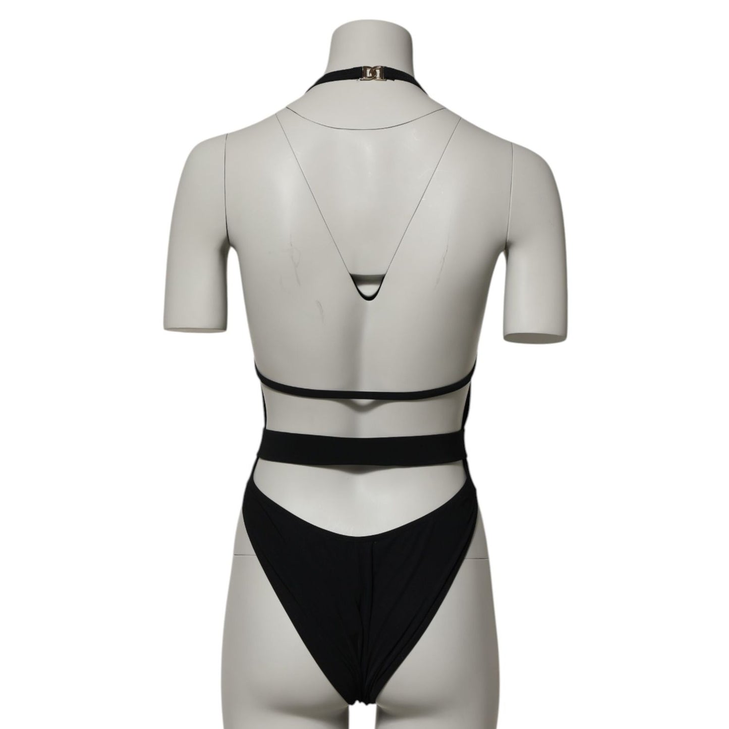 Back view of Dolce & Gabbana Black Nylon Deep V-Neck One Piece Swimwear, showcasing elegant design and silhouette elongation.