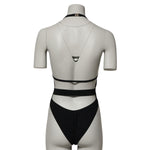 Back view of Dolce & Gabbana Black Nylon Deep V-Neck One Piece Swimwear, showcasing elegant design and silhouette elongation.