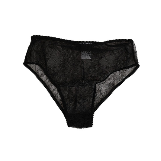Dolce & Gabbana Black Nylon Stretch High Waist Panty Underwear with lace detail, elegant design, and logo. Made in Italy.