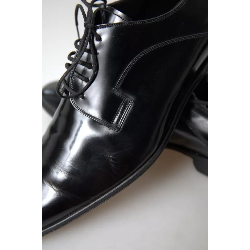 Dolce & Gabbana Black Polished Leather Formal Dress Shoes, authentic preowned men's footwear with minor wear, crafted in Italy.