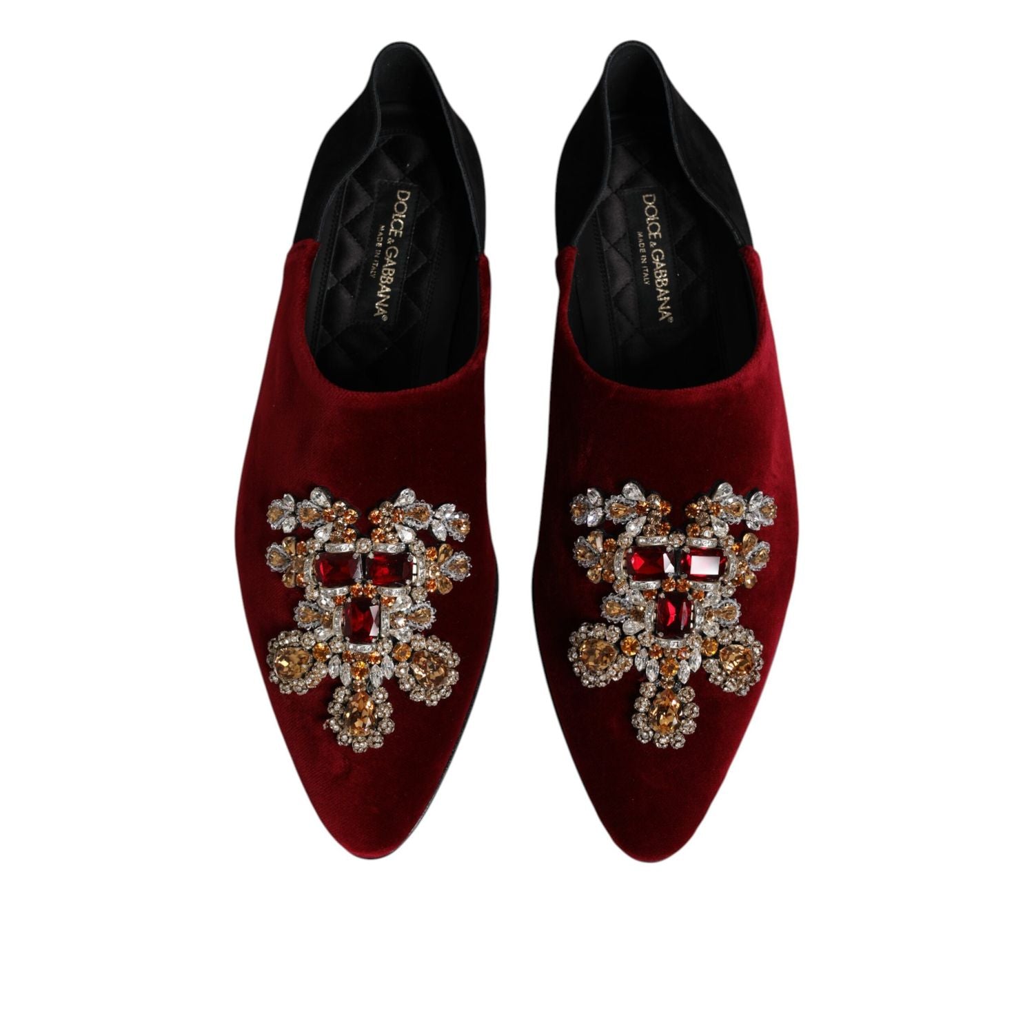Dolce & Gabbana Black Red Velvet Embellished Slip On Shoes