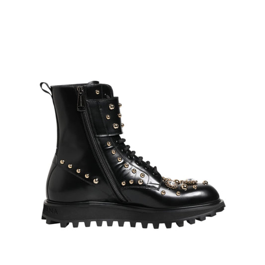 Dolce & Gabbana Black Studded Lace Up Mid Calf Boots Shoes
