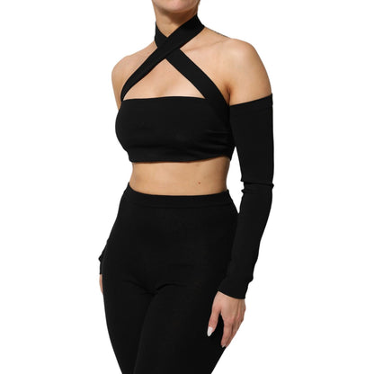 Dolce & Gabbana Black Viscose Halter Off Shoulder Cropped Top