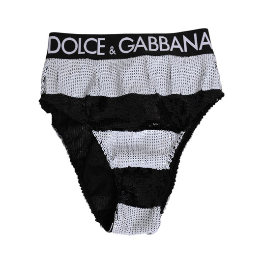 Dolce & Gabbana Black White Sequin High Waist Panty Underwear with logo, sparkling sequins, elegant design, made in Italy.