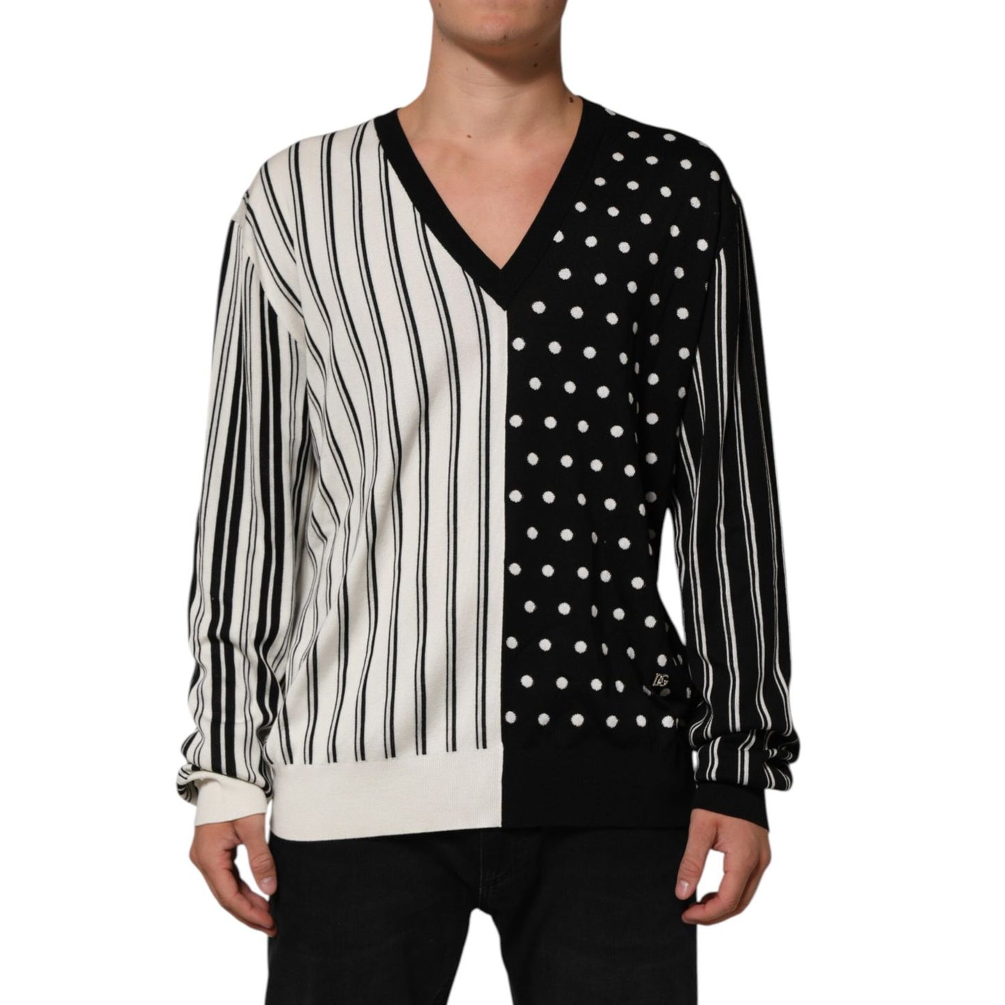 Dolce & Gabbana Black White Stripe Polka V-Neck Pullover Sweater featuring elegant silk material, perfect for casual or smart-casual looks.