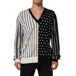 Dolce & Gabbana Black White Stripe Polka V-Neck Pullover Sweater featuring elegant silk material, perfect for casual or smart-casual looks.