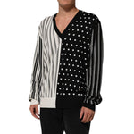 Alt Tag: Dolce & Gabbana Black White Stripe Polka V-Neck Pullover Sweater, silk, stylish design with polka dots and stripes, men's fashion