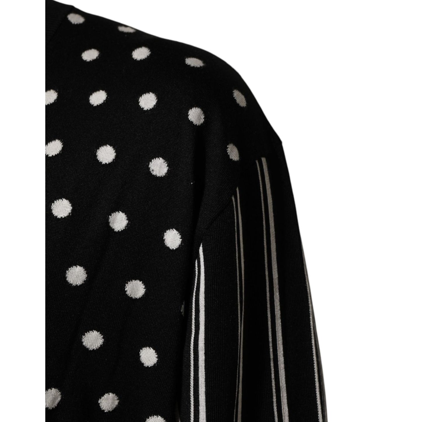 Detail of Dolce & Gabbana Black White Stripe Polka V-Neck Pullover Sweater, showcasing polka dots and striped pattern close-up.