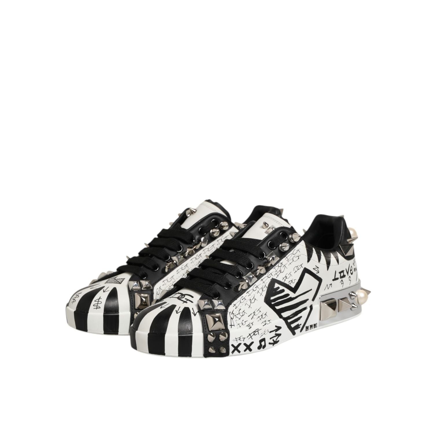 Dolce & Gabbana Black White Studded Low Top Sneakers Shoes