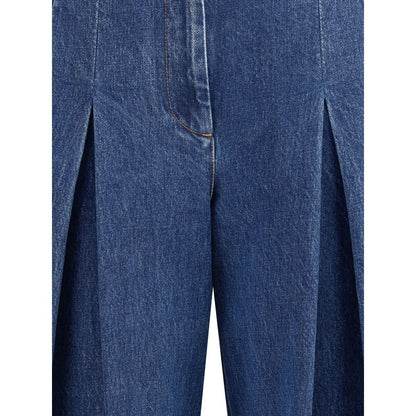 Dolce & Gabbana Blue Cotton Straight-Leg Jeans with tailored design and center pleats, showcasing elegant French pockets and refined cut.