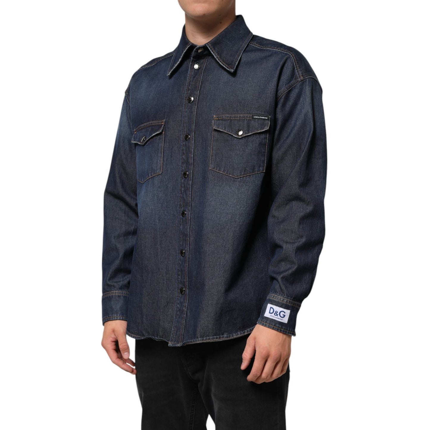 Dolce & Gabbana Blue Denim Button Casual Logo Patch Men Shirt
