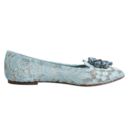 Dolce & Gabbana Blue Lace Crystal Ballet Flats Loafers Shoes with floral lace and crystal buckle, side view, elegant and luxurious design.
