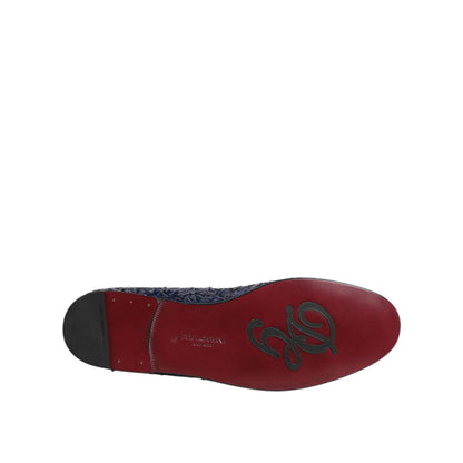 Sole view of Dolce & Gabbana Blue Sequined Loafers Slippers Men Dress Shoes with red leather detailing and logo.