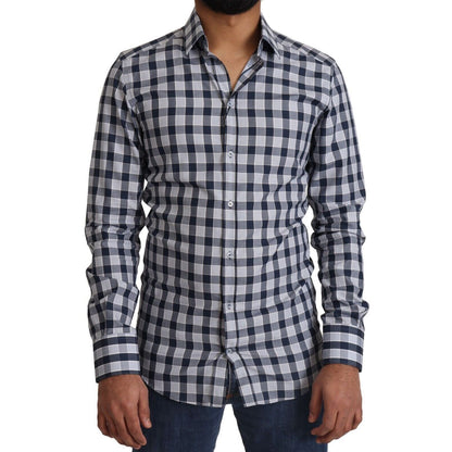 Dolce & Gabbana Blue White Check Cotton Slim Fit GOLD Shirt