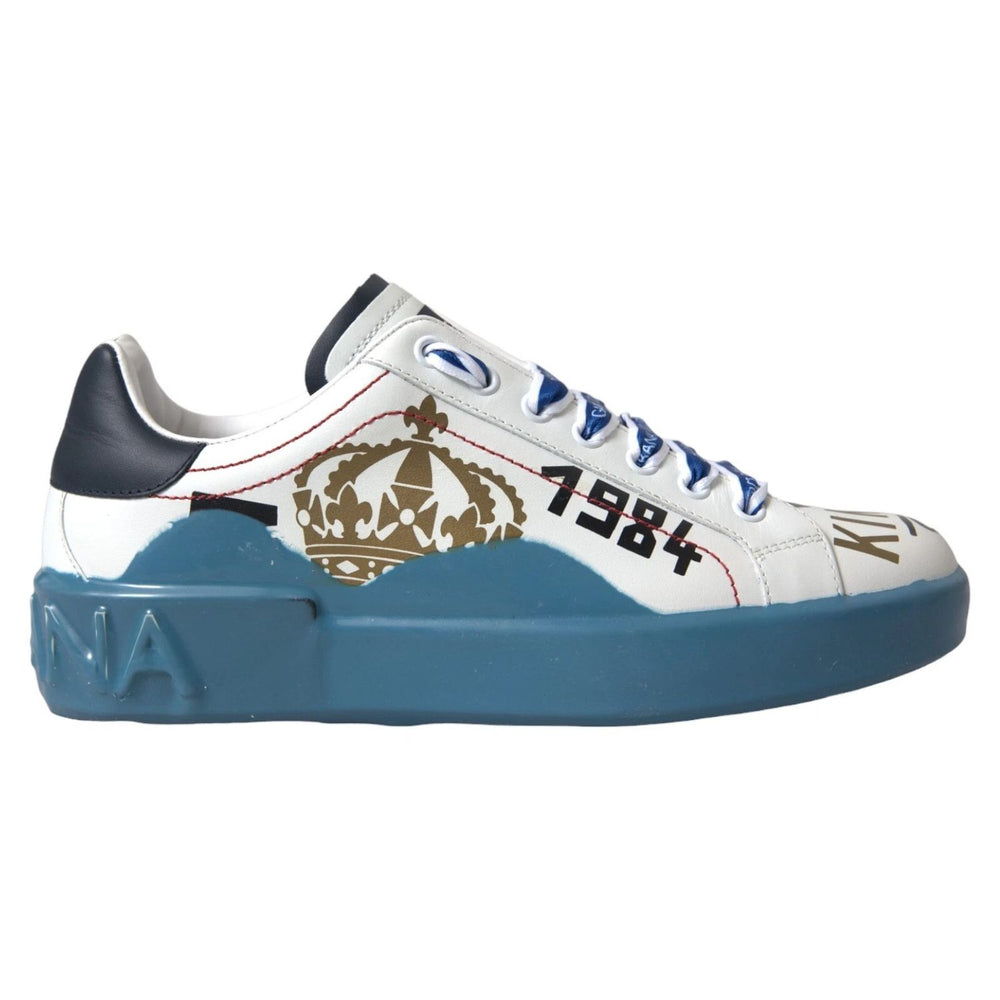 Dolce & Gabbana Blue White Printed Portofino Melt Sneakers in calfskin leather with logo details and blue rubber sole, side view.