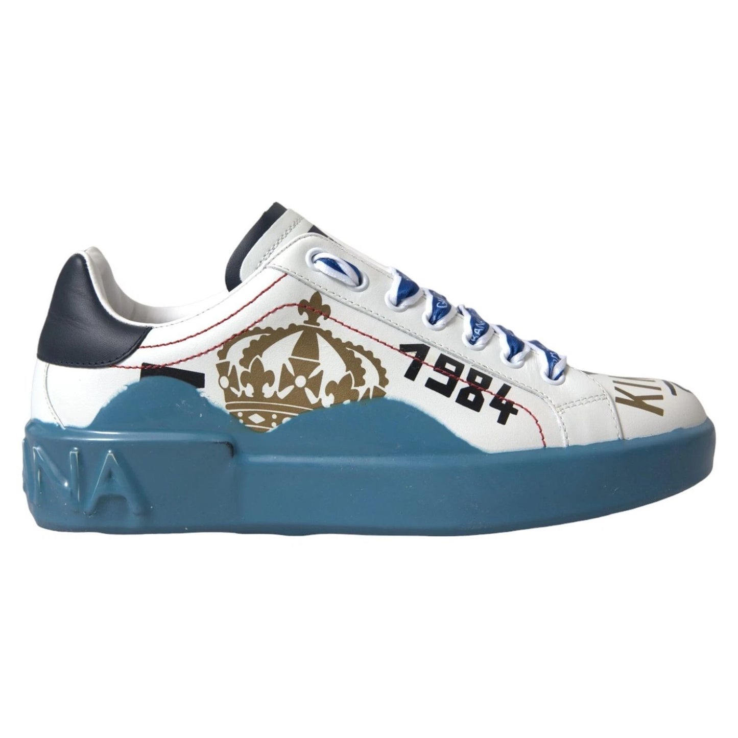 Dolce & Gabbana Blue White Printed Portofino Melt Sneakers in calfskin leather with logo details and blue rubber sole, side view.