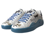 Dolce & Gabbana Blue White Printed Portofino Melt Sneakers in nappa calfskin, with blue rubber sole and logo details.