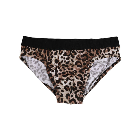 Dolce & Gabbana Brown Cotton Leopard Logo Midi Brief Underwear, luxurious Italian-made briefs offering comfort and style with elastic waistband.