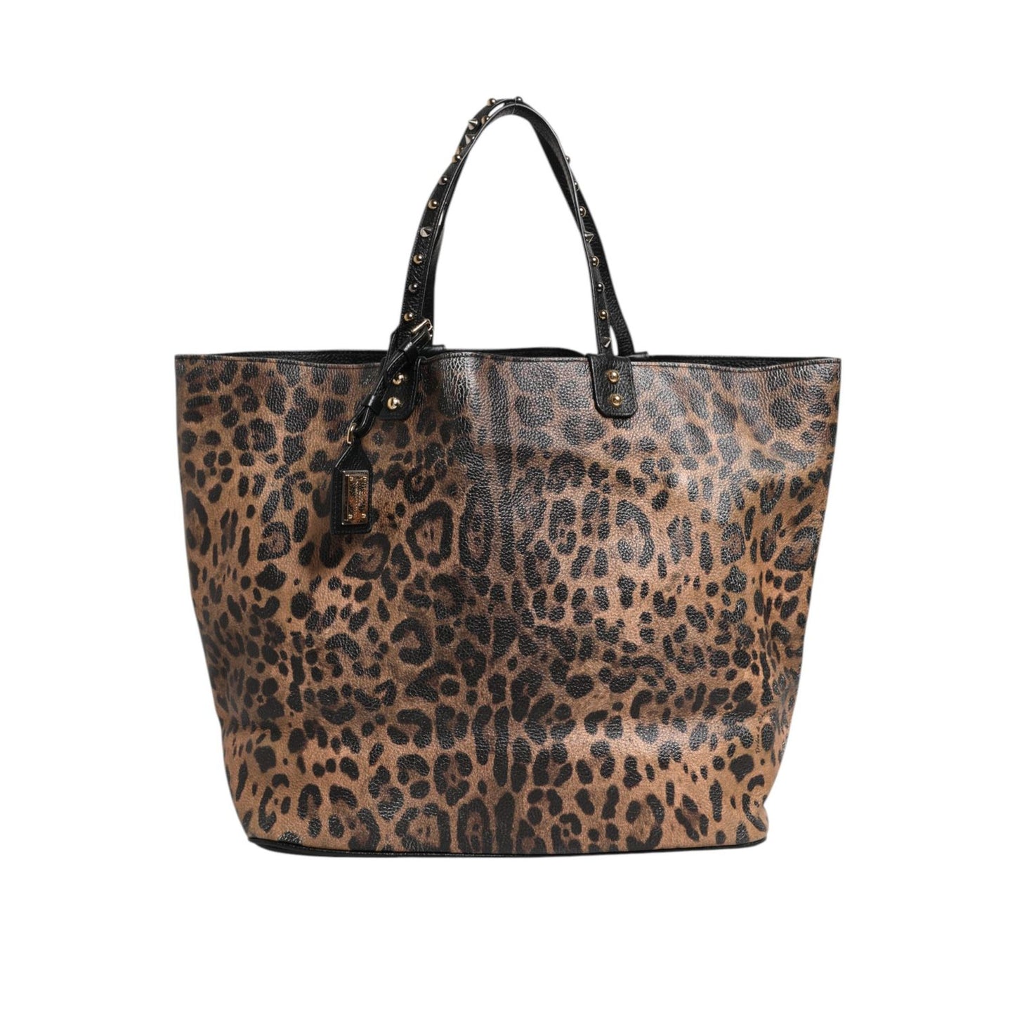 Dolce & Gabbana Brown Leopard BEATRICE Leather Logo Plaque Tote Bag with gold hardware and leopard print design.