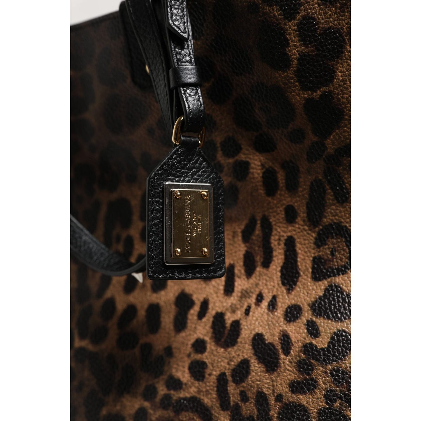 Dolce & Gabbana Brown Leopard BEATRICE Leather Logo Plaque Tote Bag with gold metal hardware and signature leopard print.