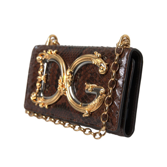 Dolce & Gabbana Brown Python Leather DG Girls Crossbody Phone Bag with gold logo and chain strap