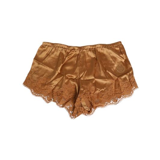 Dolce & Gabbana Brown Silk Satin Floral Lace Shorts Underwear with lace detail and soft waistband.