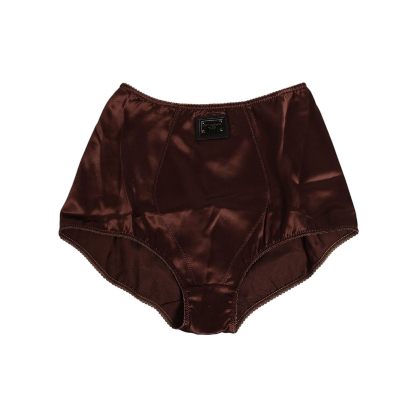 Dolce & Gabbana brown silk high-waist girdle underwear, luxurious stretch fabric, elegant beige tone, made in Italy, logo detail.