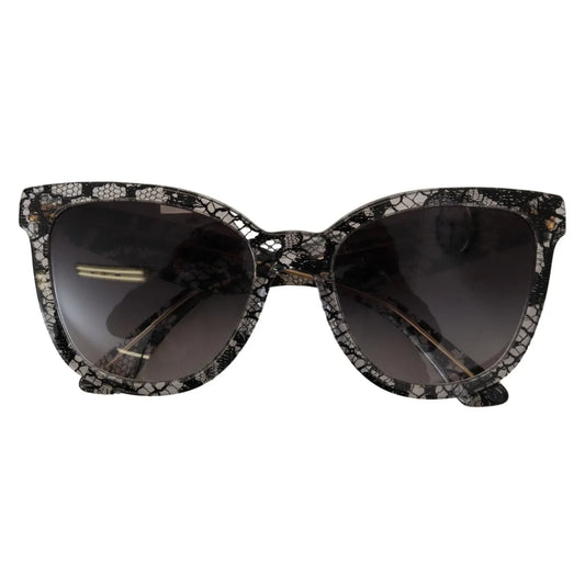 Dolce & Gabbana DG4190 Black Lace Acetate Crystal Round Sunglasses with gray gradient lenses for women, offering 100% UV protection.