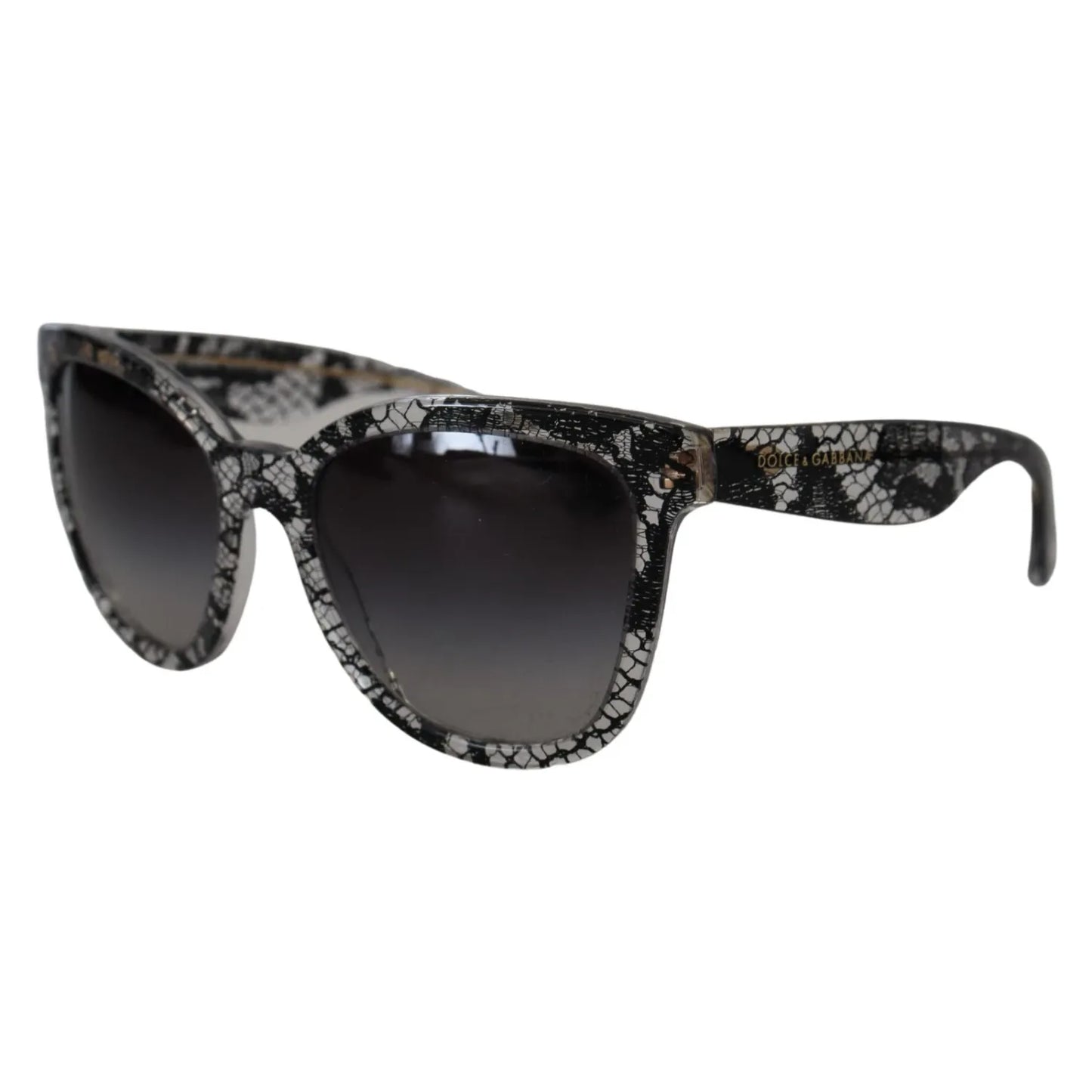 Dolce & Gabbana DG4190 Black Lace Acetate Crystal Round Sunglasses with grey gradient lenses offering 100% UV protection for women.
