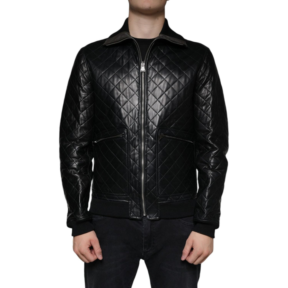 Dolce & Gabbana Black Calf Leather Quilted Full Zip Jacket JKT4086-48