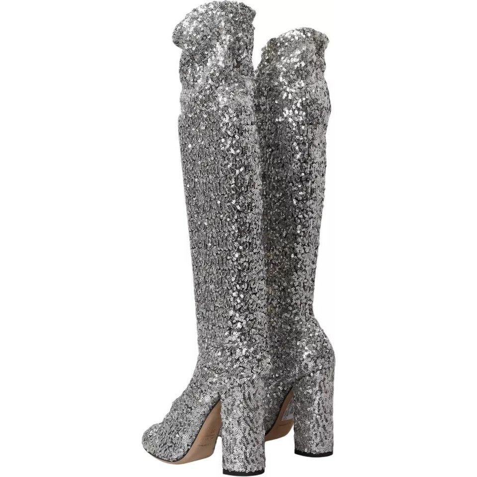 Dolce & Gabbana Silver Sequined High Boots Stretch Shoes LA10943-39