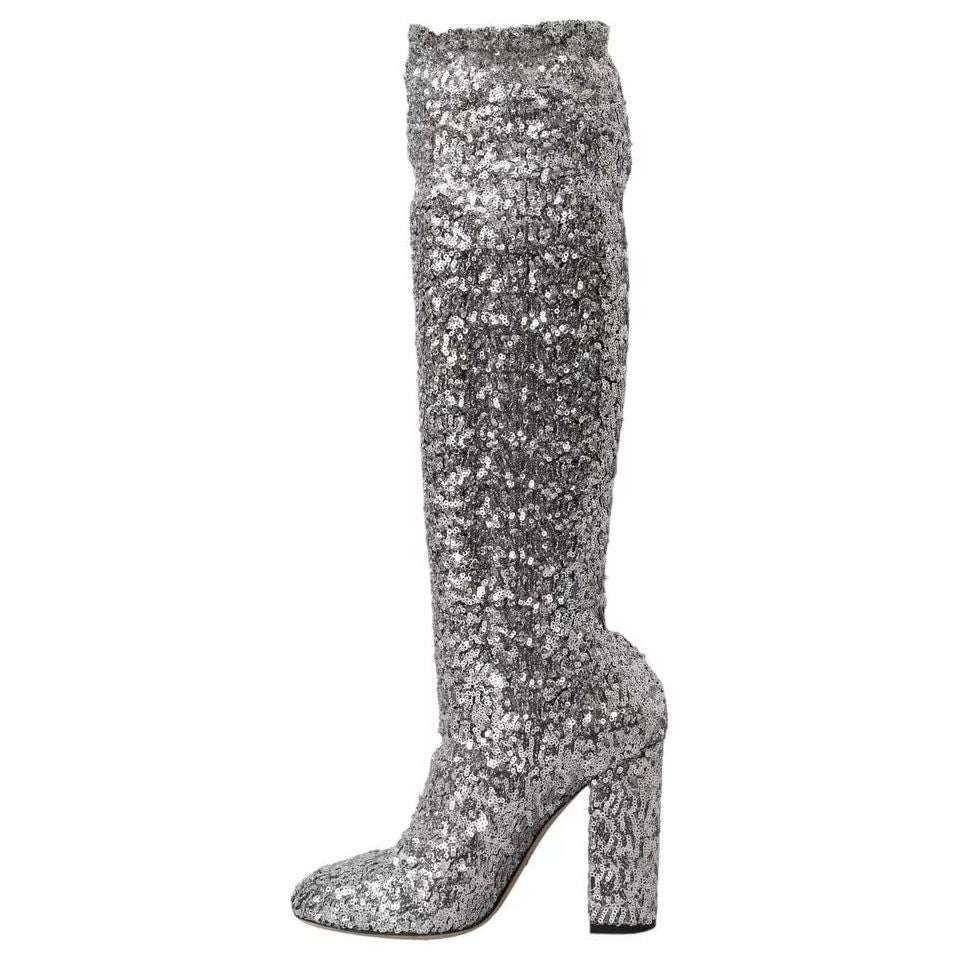 Dolce & Gabbana Silver Sequined High Boots Stretch Shoes LA10943-39