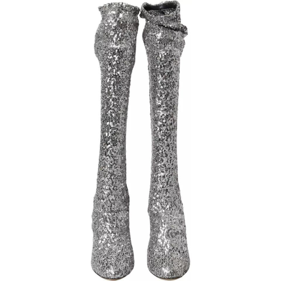 Dolce & Gabbana Silver Sequined High Boots Stretch Shoes LA10943-39