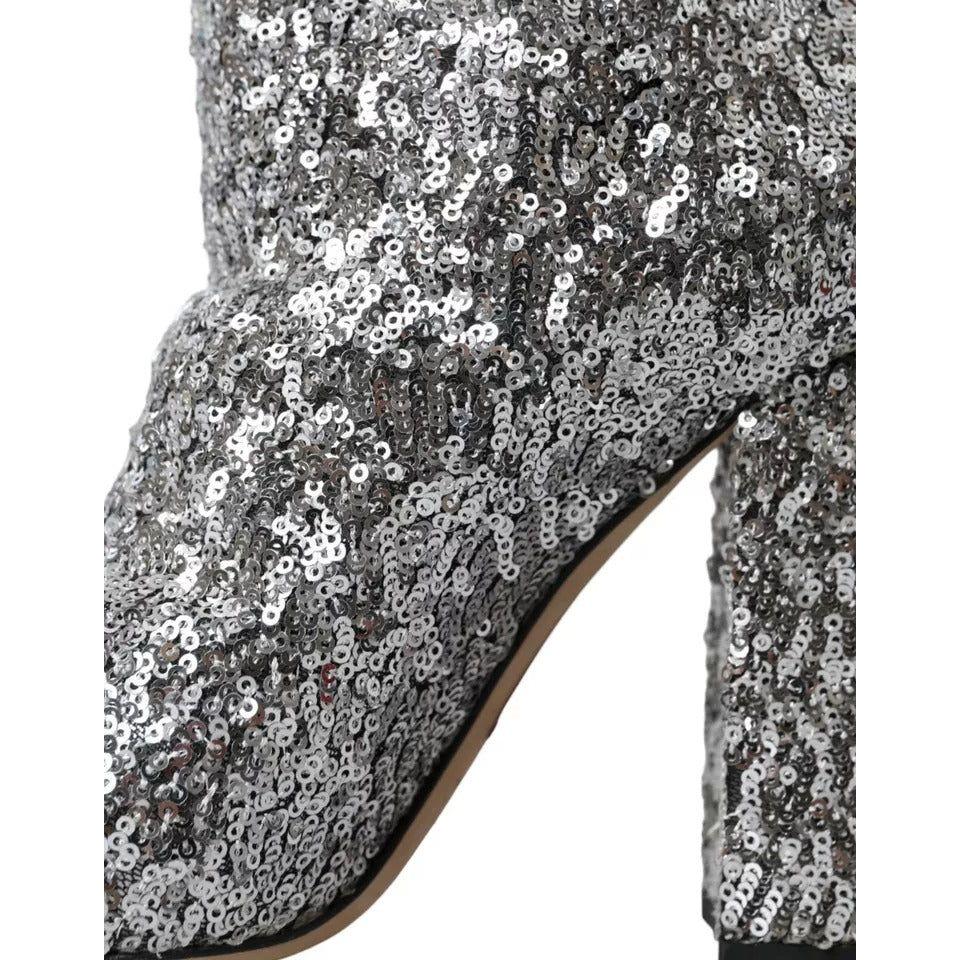 Dolce & Gabbana Silver Sequined High Boots Stretch Shoes LA10943-39