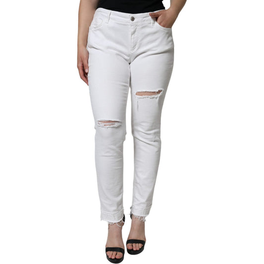 Dolce & Gabbana White Cotton Stretch Tattered Skinny Jeans PAN75523-48