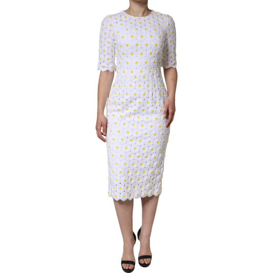 Dolce & Gabbana White Daisy Macrame Lace Sheath Midi Dress DR281204-40