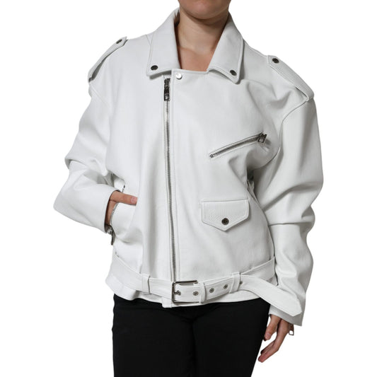 Dolce & Gabbana White Lambskin Leather Biker Coat Jacket JKT4090-40