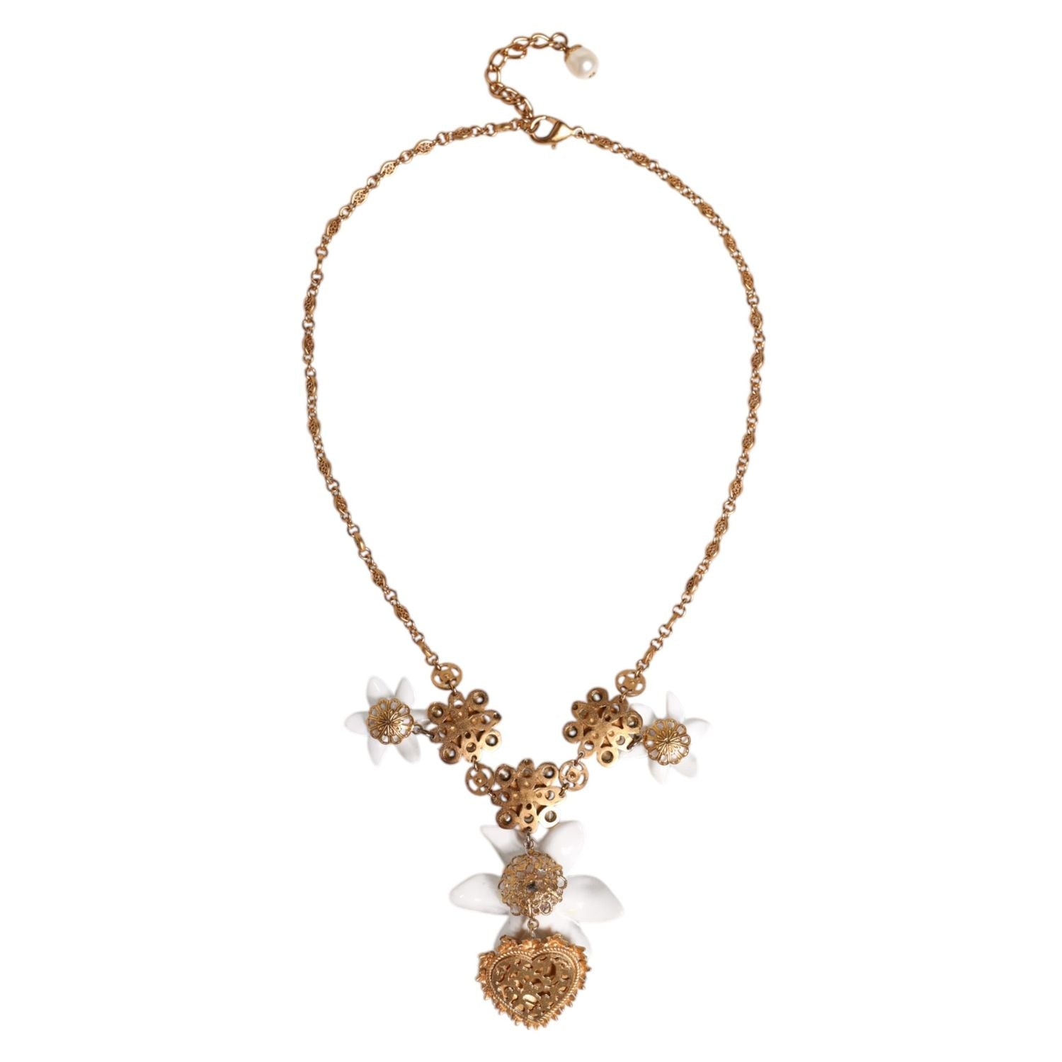 Dolce & Gabbana Gold Brass Lily Crystal Sacred Heart Pendant Necklace