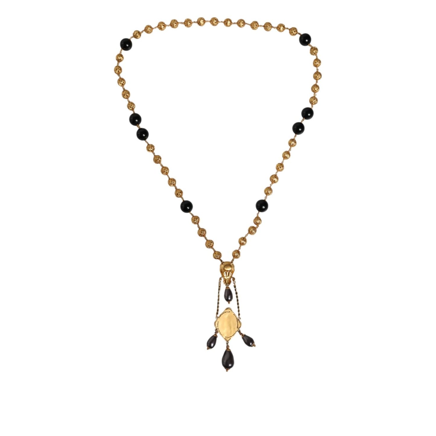 Dolce & Gabbana Gold Chain Brass Black Beaded Rosary Style Necklace