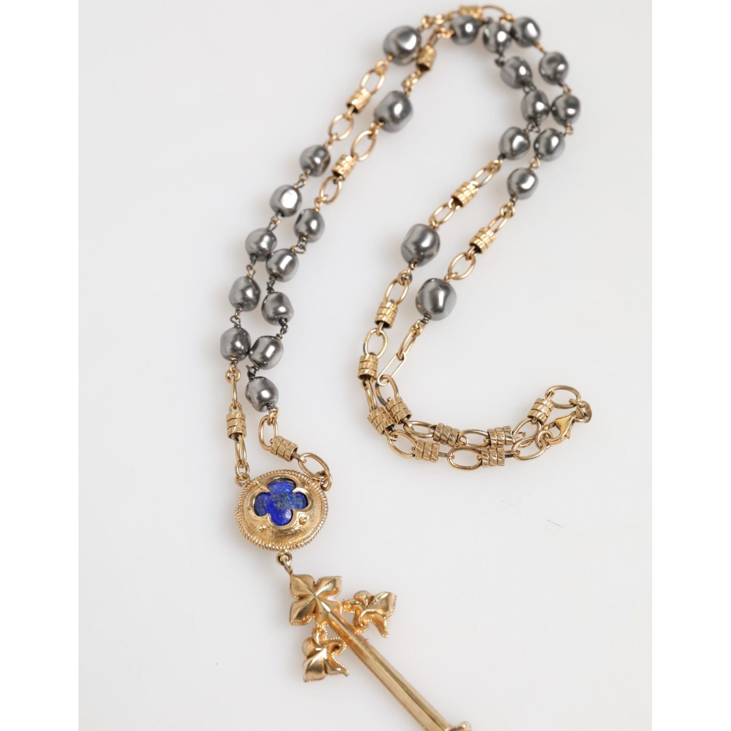 Dolce & Gabbana Gold Tone Beaded Chain Religious Cross Necklace