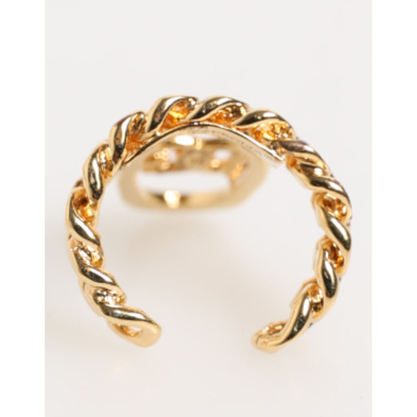 Dolce & Gabbana Gold Tone Brass Oval DG Logo Chain Adjustable Ring featuring a chunky curb chain style and iconic interlocked DG logo.