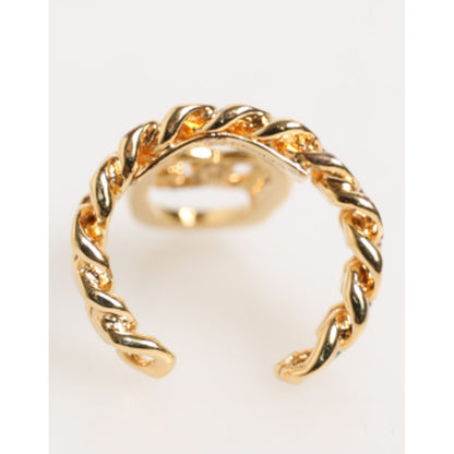 Dolce & Gabbana Gold Tone Brass Oval DG Logo Chain Adjustable Ring featuring a chunky curb chain style and iconic interlocked DG logo.
