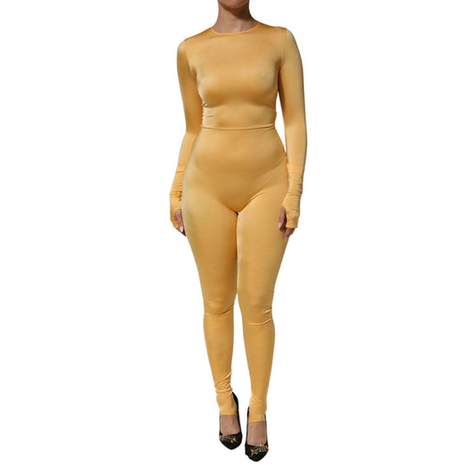 Dolce & Gabbana Gold Yellow Stretch Long Sleeve Bodysuit Dress, Italian-made, featuring sleek body-hugging fit and round neckline.