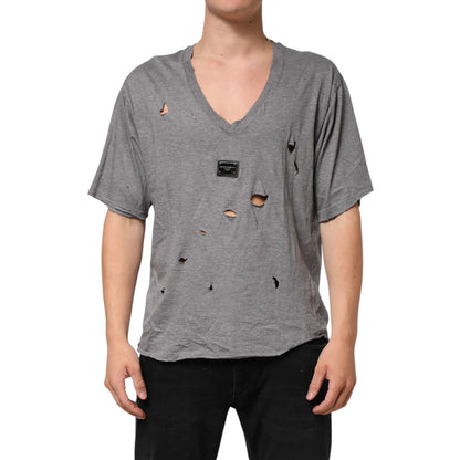 Dolce & Gabbana Gray Cotton Tattered Logo Patch Men T-shirt