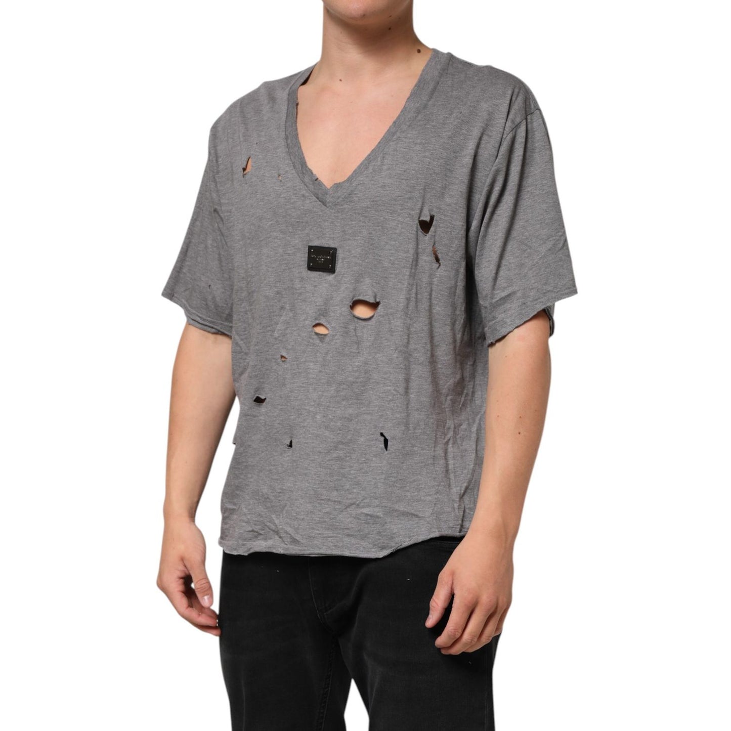 Dolce & Gabbana Gray Cotton Tattered Logo Patch Men T-shirt