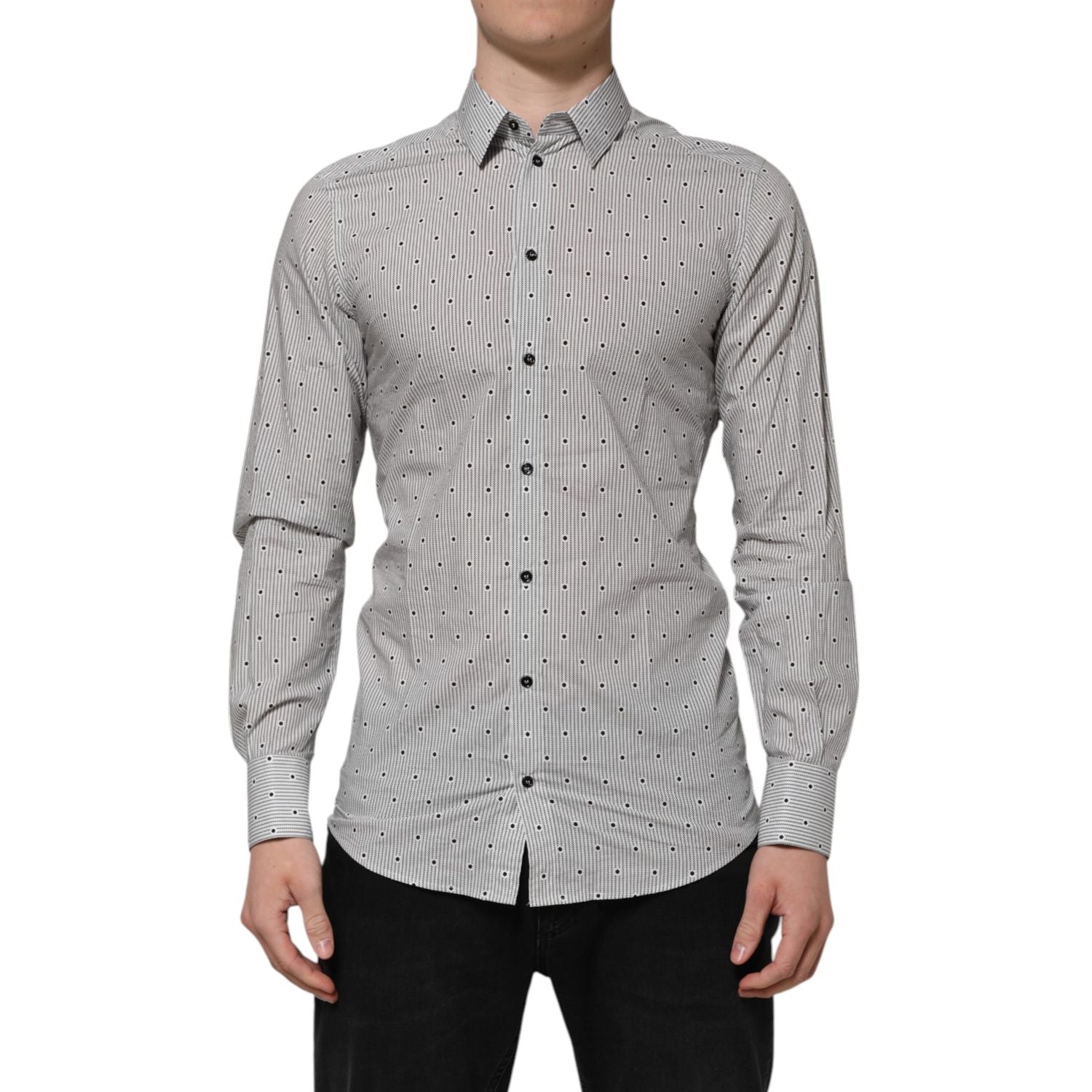 Dolce & Gabbana Gray Dotted Semi Fitted GOLD Men Formal Shirt