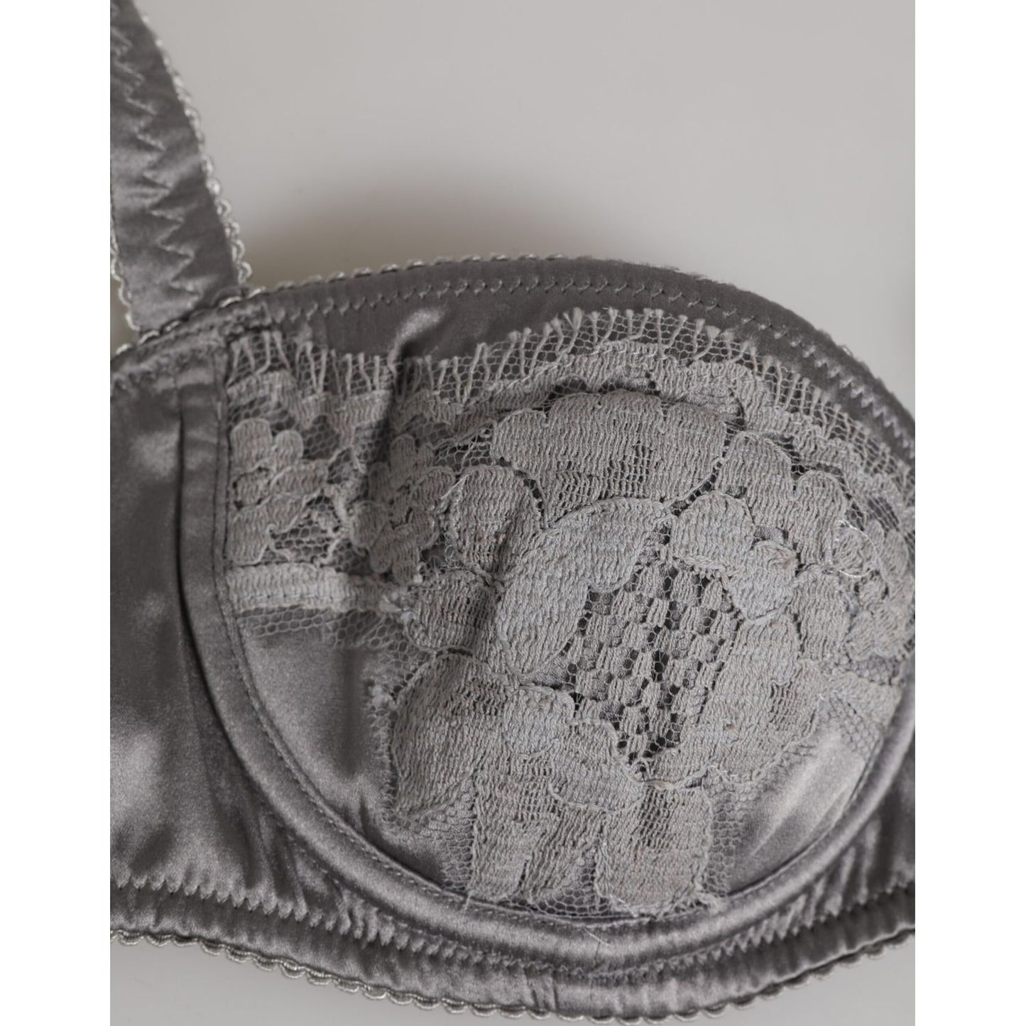 Dolce & Gabbana Gray Silk Underwired Balconette Bra Underwear with lace detailing, showcasing luxury satin fabric and craftsmanship.
