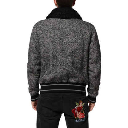 Dolce & Gabbana Gray Wool Herringbone Shearling Collar Bomber Jacket