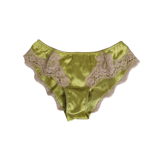 Dolce & Gabbana Green Silk Satin Floral Lace Trim Panty Underwear with elegant lace detailing, luxury Italian craftsmanship.